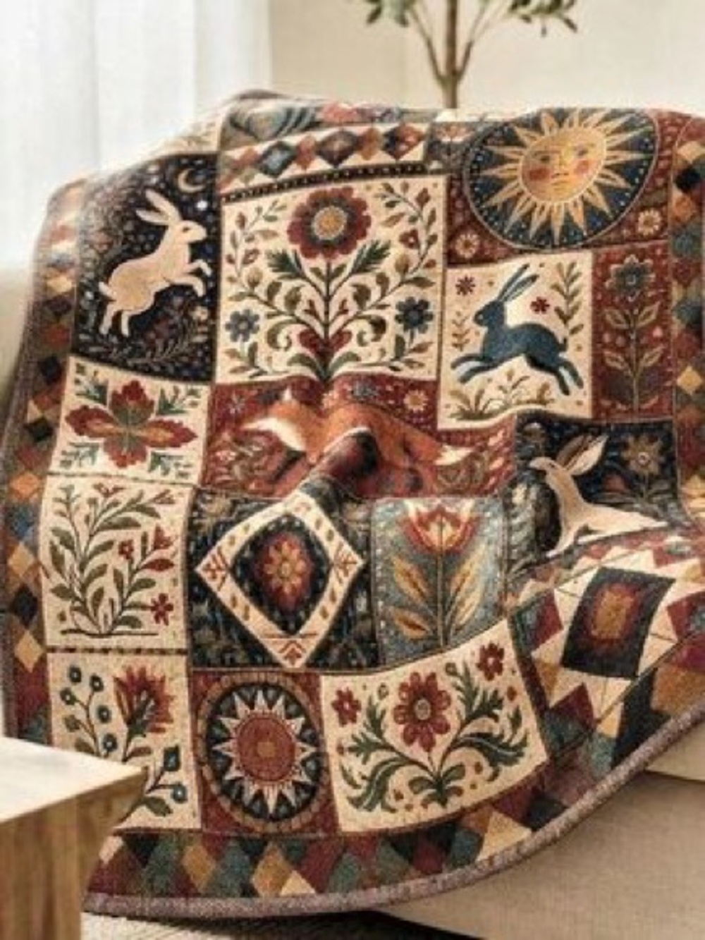 Comfort Patchwork Rabbit & Sun Quilted Throw Blanket in Multicolor